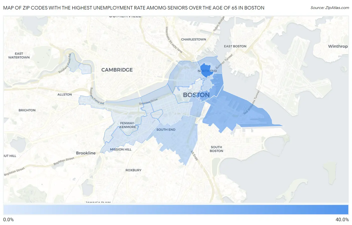 Zip Codes with the Highest Unemployment Rate Amomg Seniors Over the Age of 65 in Boston Map