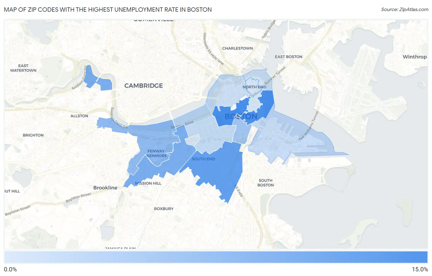 Zip Codes with the Highest Unemployment Rate in Boston Map