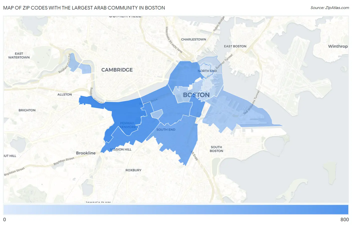 Zip Codes with the Largest Arab Community in Boston Map