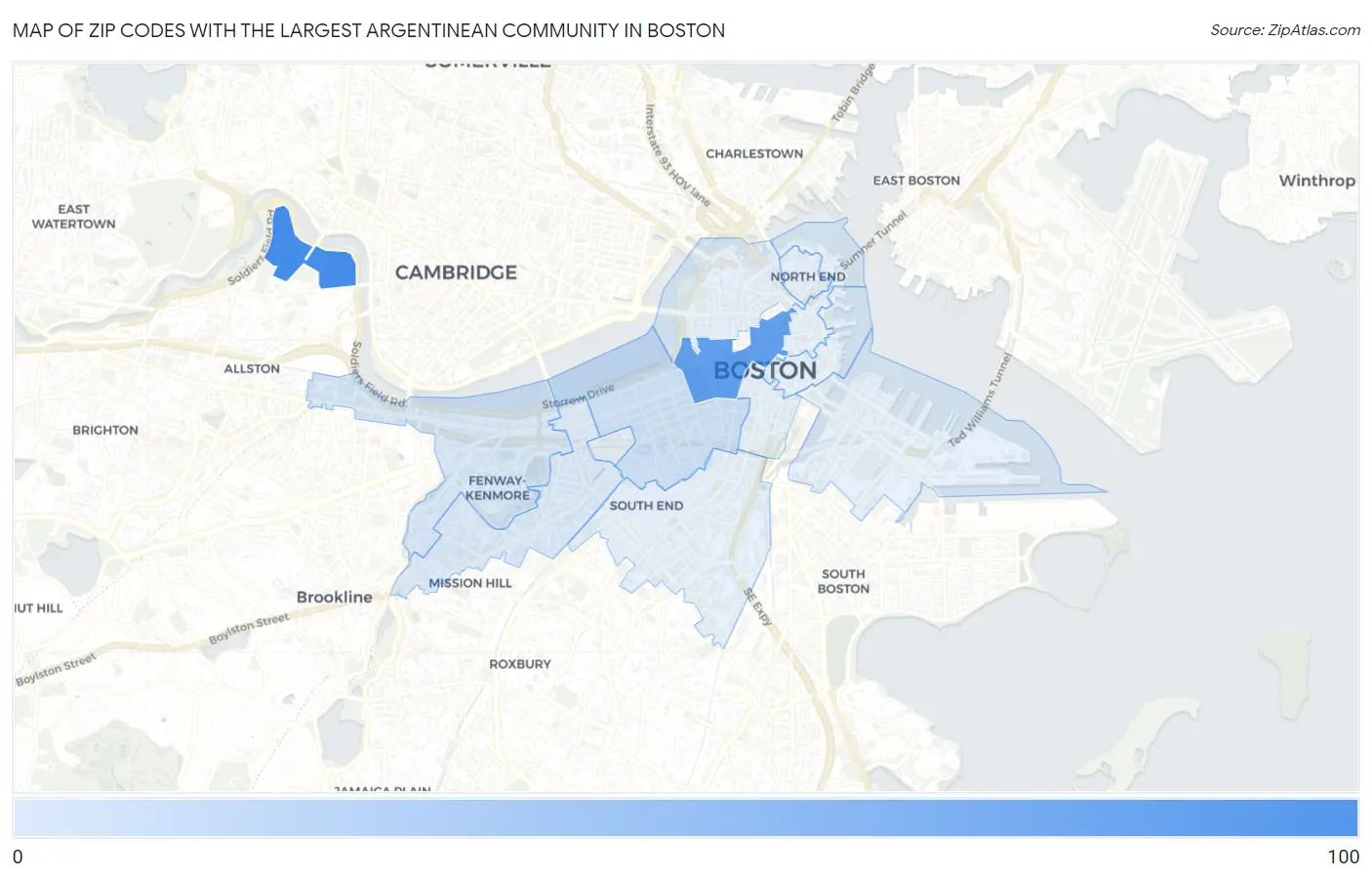 Zip Codes with the Largest Argentinean Community in Boston Map