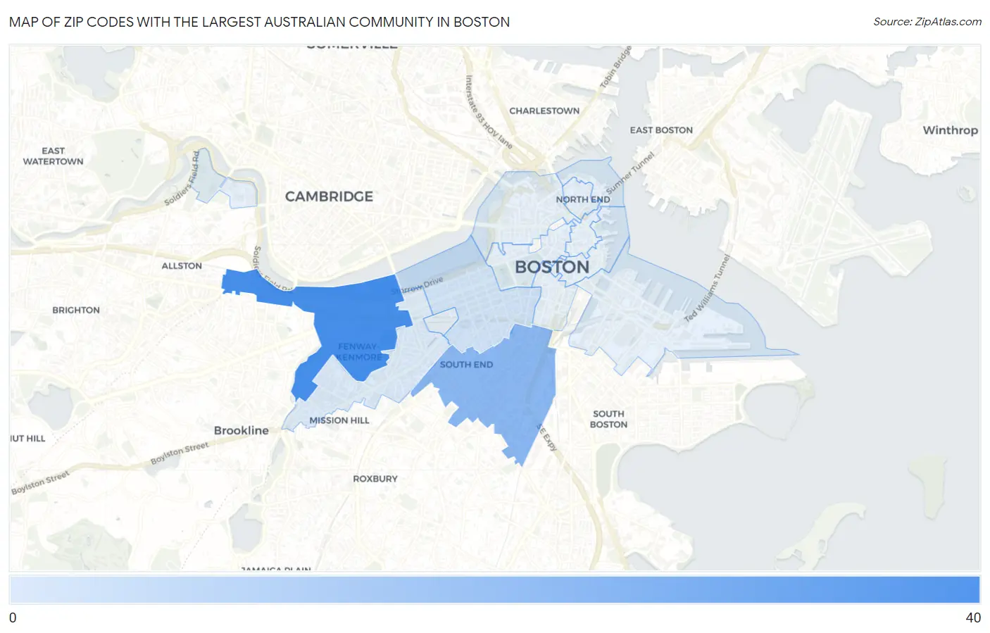 Zip Codes with the Largest Australian Community in Boston Map