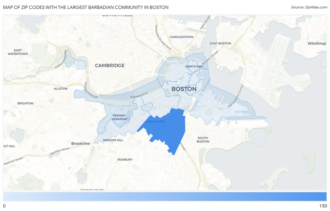 Zip Codes with the Largest Barbadian Community in Boston Map