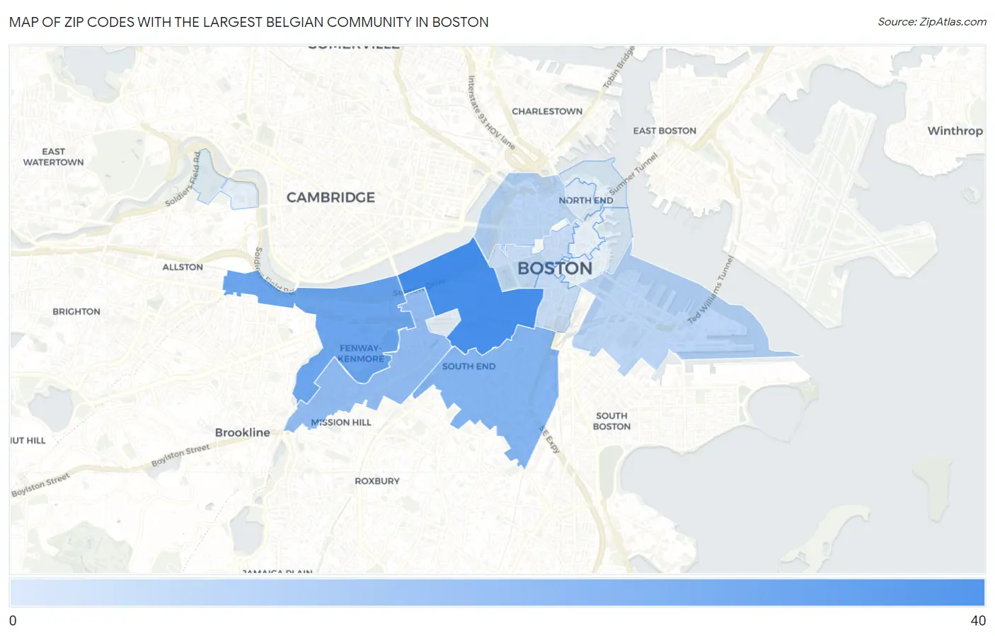 Zip Codes with the Largest Belgian Community in Boston Map