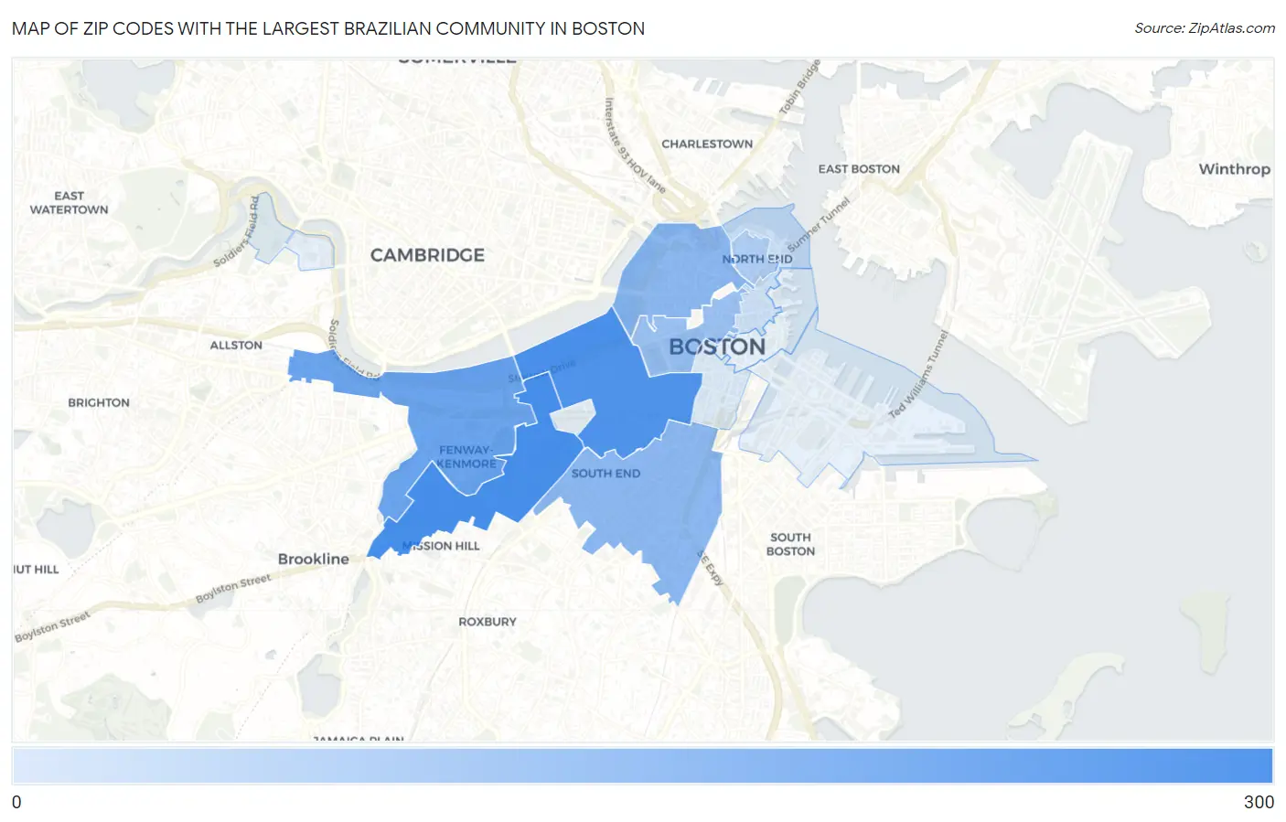 Zip Codes with the Largest Brazilian Community in Boston Map