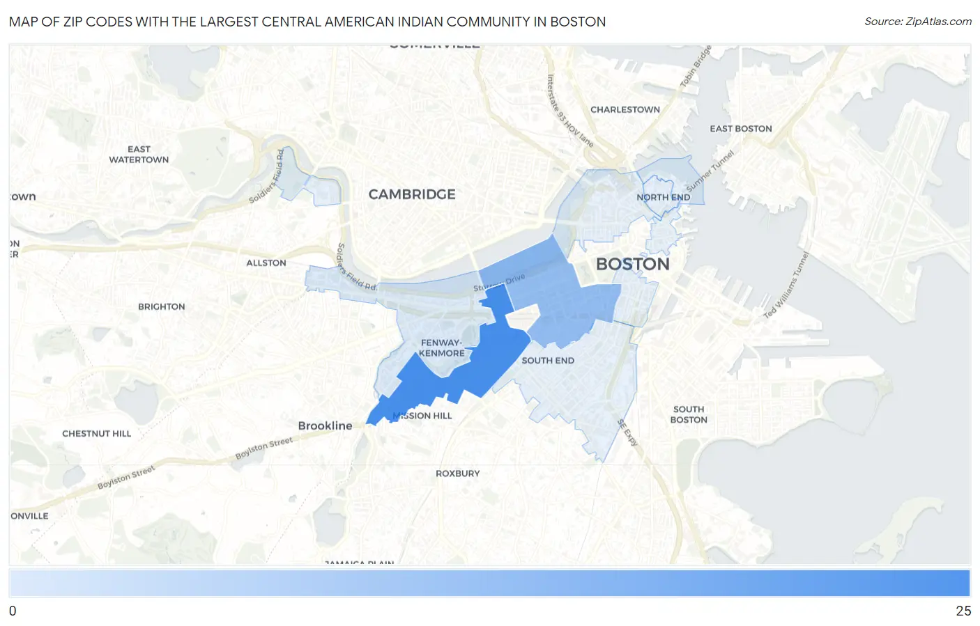 Zip Codes with the Largest Central American Indian Community in Boston Map