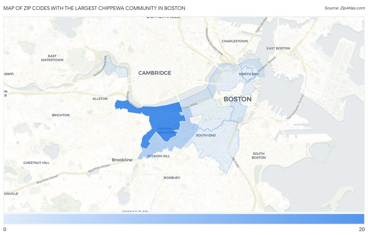 Zip Codes with the Largest Chippewa Community in Boston Map
