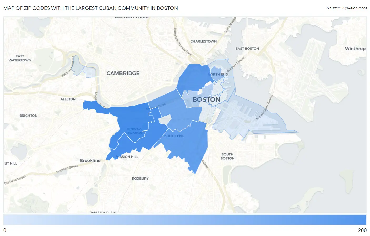 Zip Codes with the Largest Cuban Community in Boston Map