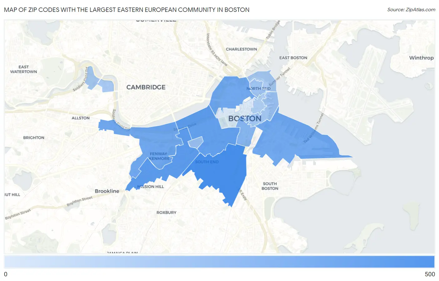 Zip Codes with the Largest Eastern European Community in Boston Map