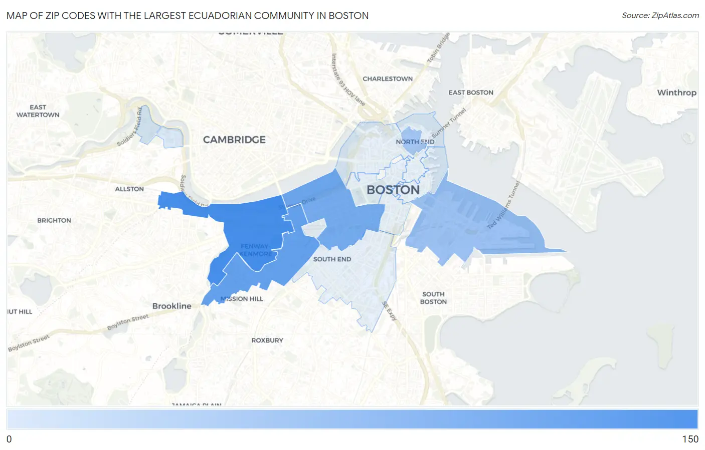 Zip Codes with the Largest Ecuadorian Community in Boston Map