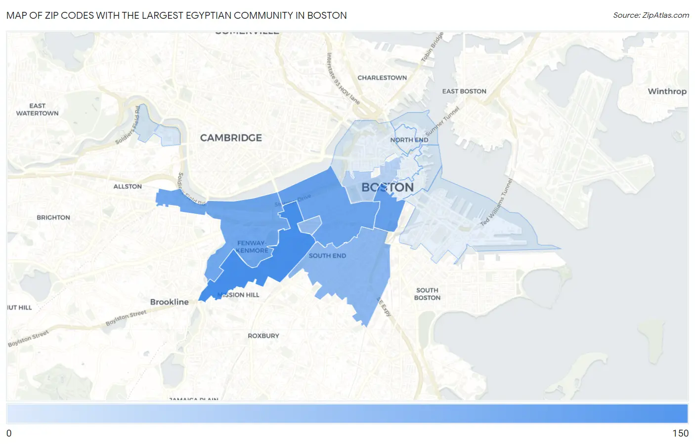 Zip Codes with the Largest Egyptian Community in Boston Map
