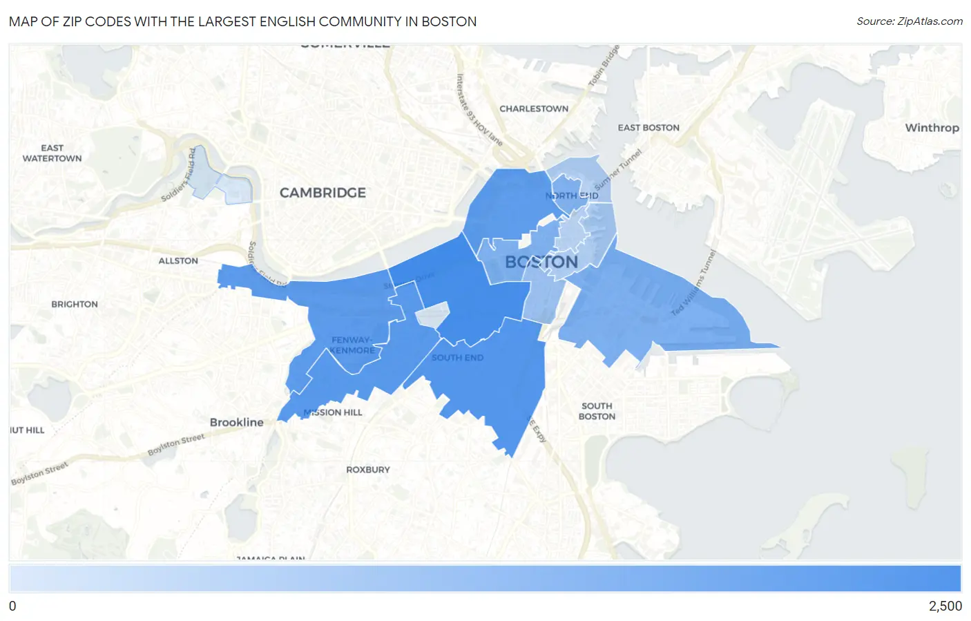 Zip Codes with the Largest English Community in Boston Map