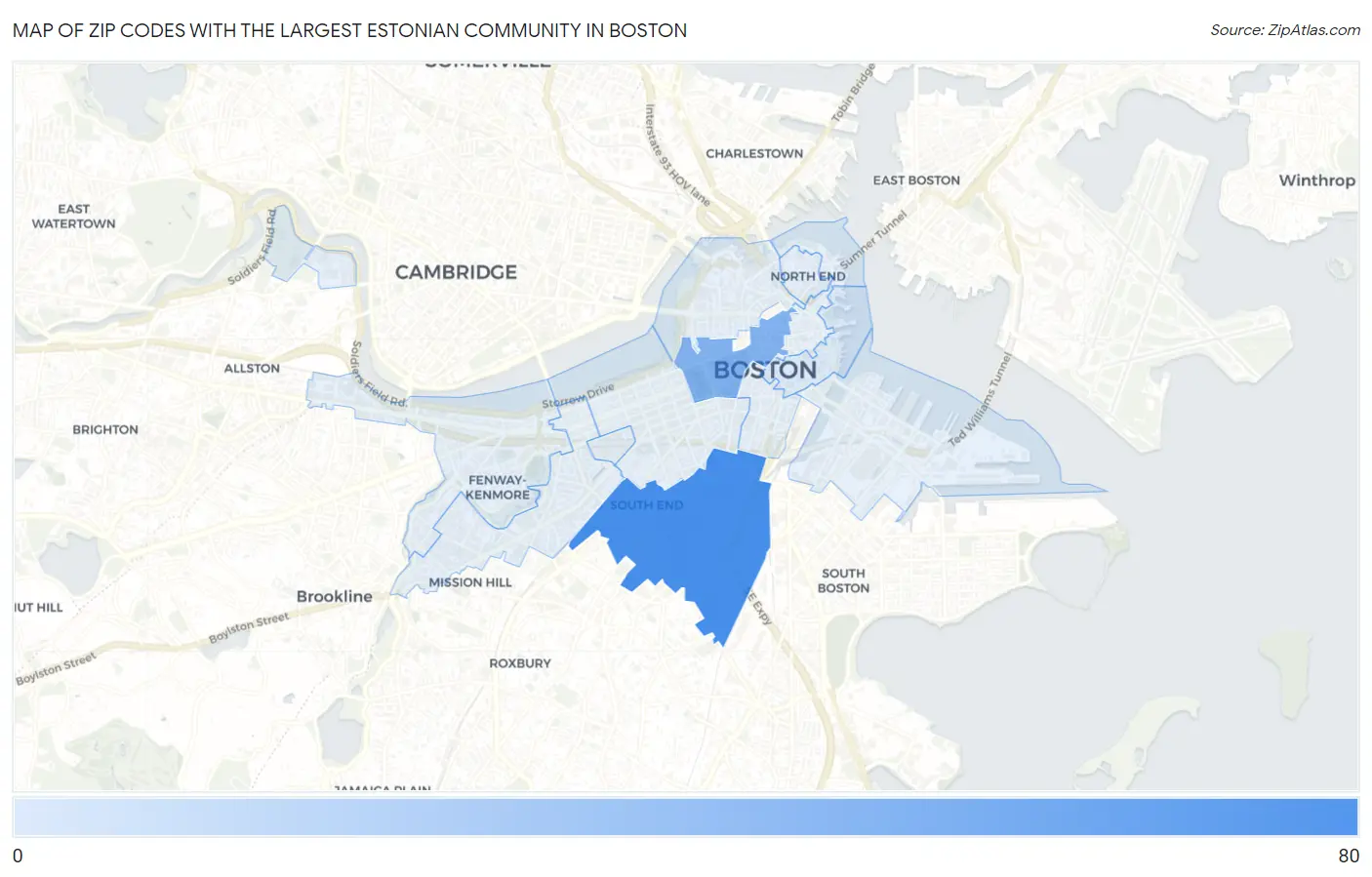 Zip Codes with the Largest Estonian Community in Boston Map