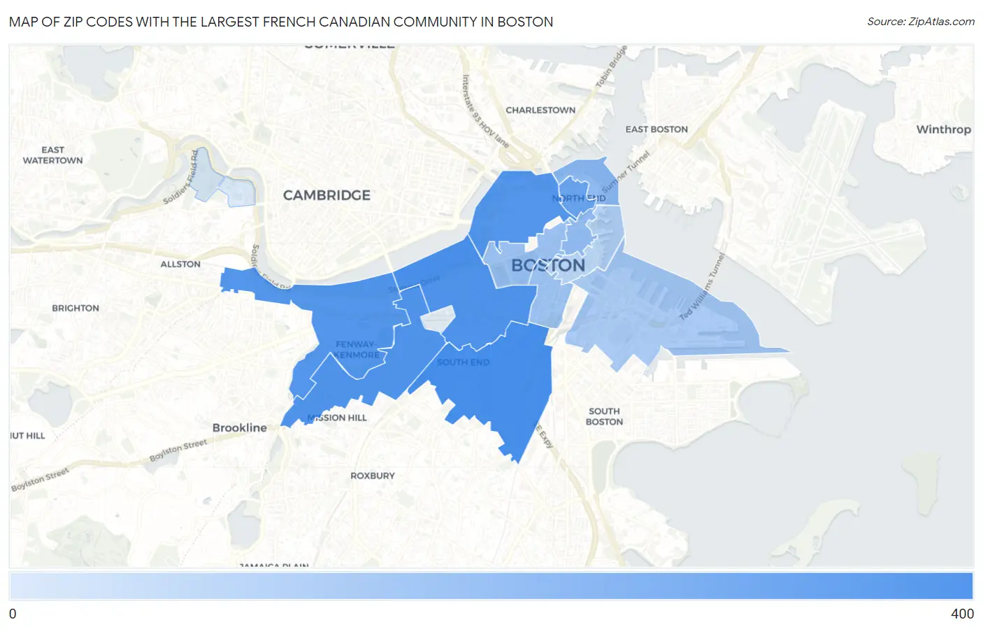 Zip Codes with the Largest French Canadian Community in Boston Map