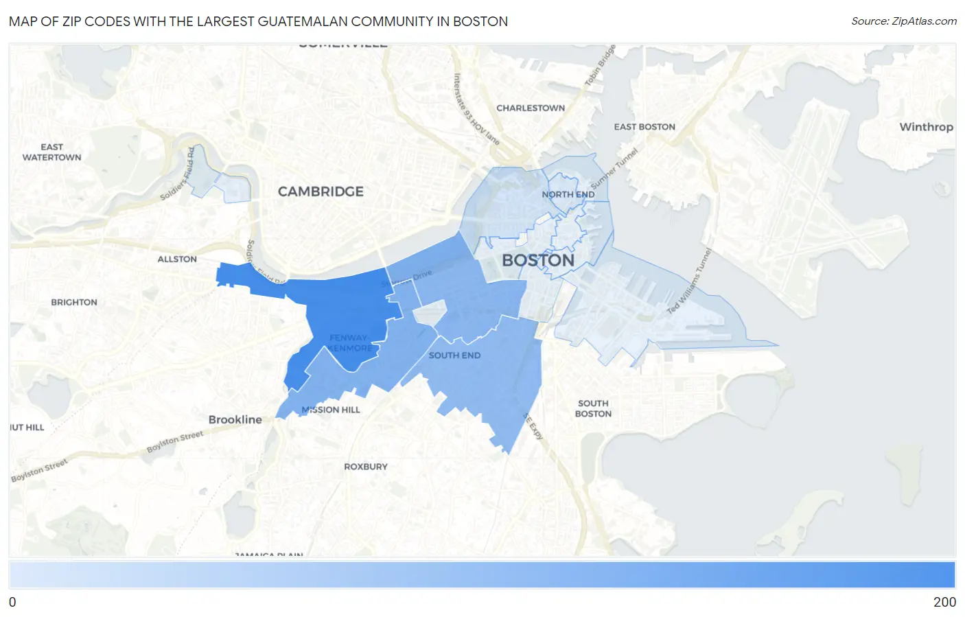 Zip Codes with the Largest Guatemalan Community in Boston Map