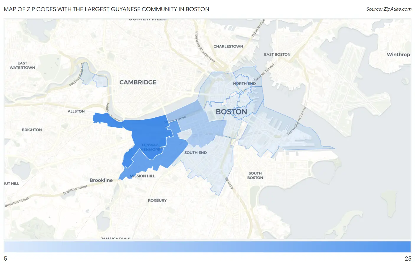 Zip Codes with the Largest Guyanese Community in Boston Map