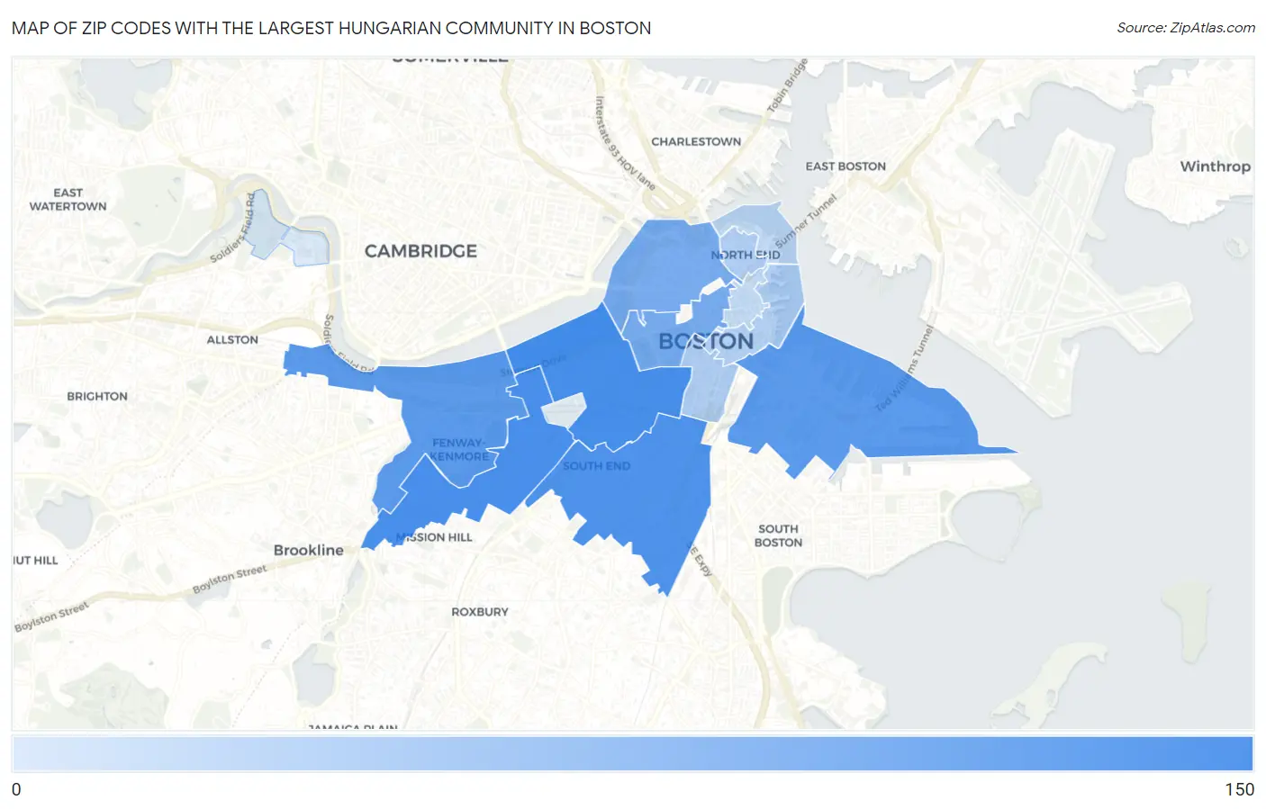 Zip Codes with the Largest Hungarian Community in Boston Map