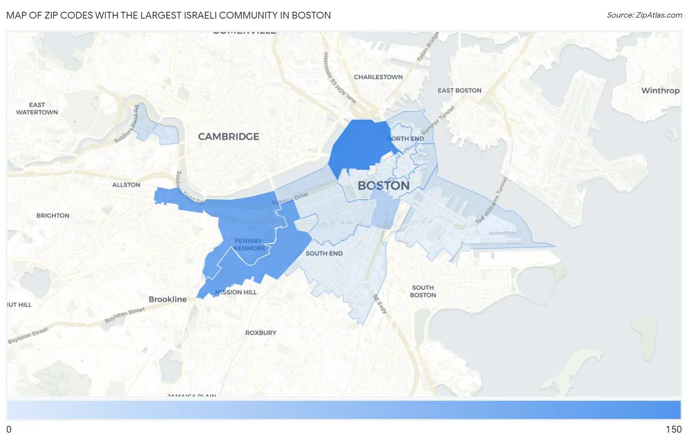 Zip Codes with the Largest Israeli Community in Boston Map
