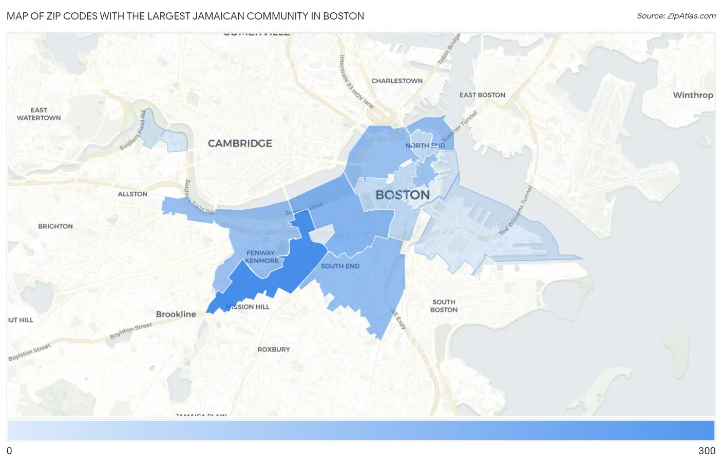 Zip Codes with the Largest Jamaican Community in Boston Map