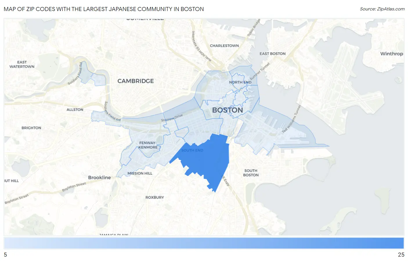 Zip Codes with the Largest Japanese Community in Boston Map