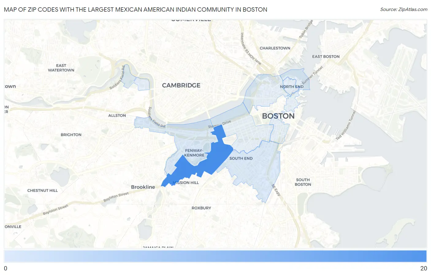 Zip Codes with the Largest Mexican American Indian Community in Boston Map