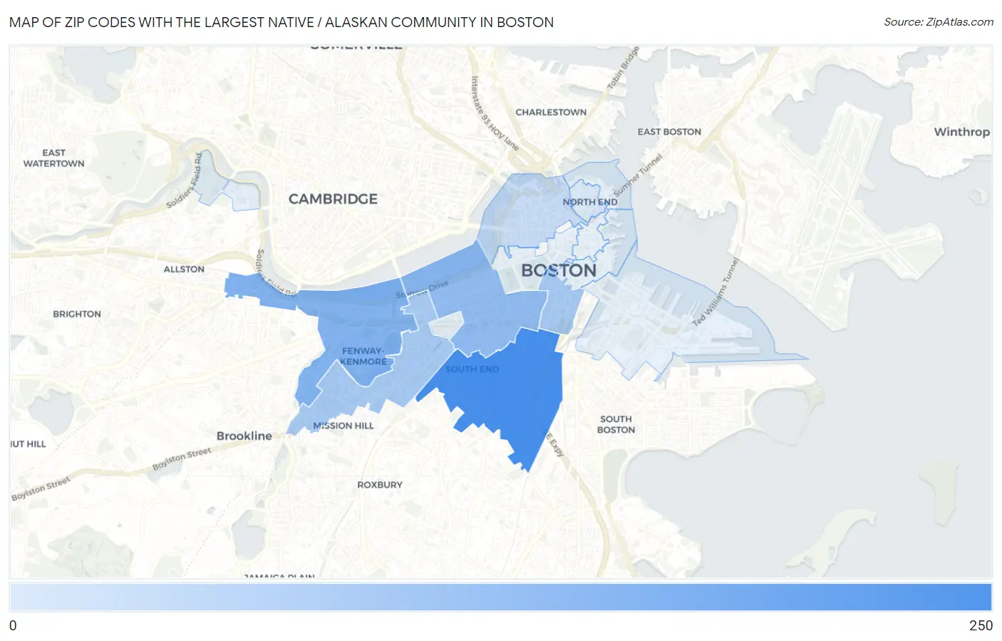 Zip Codes with the Largest Native / Alaskan Community in Boston Map