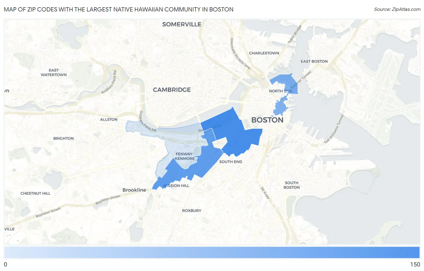 Zip Codes with the Largest Native Hawaiian Community in Boston Map