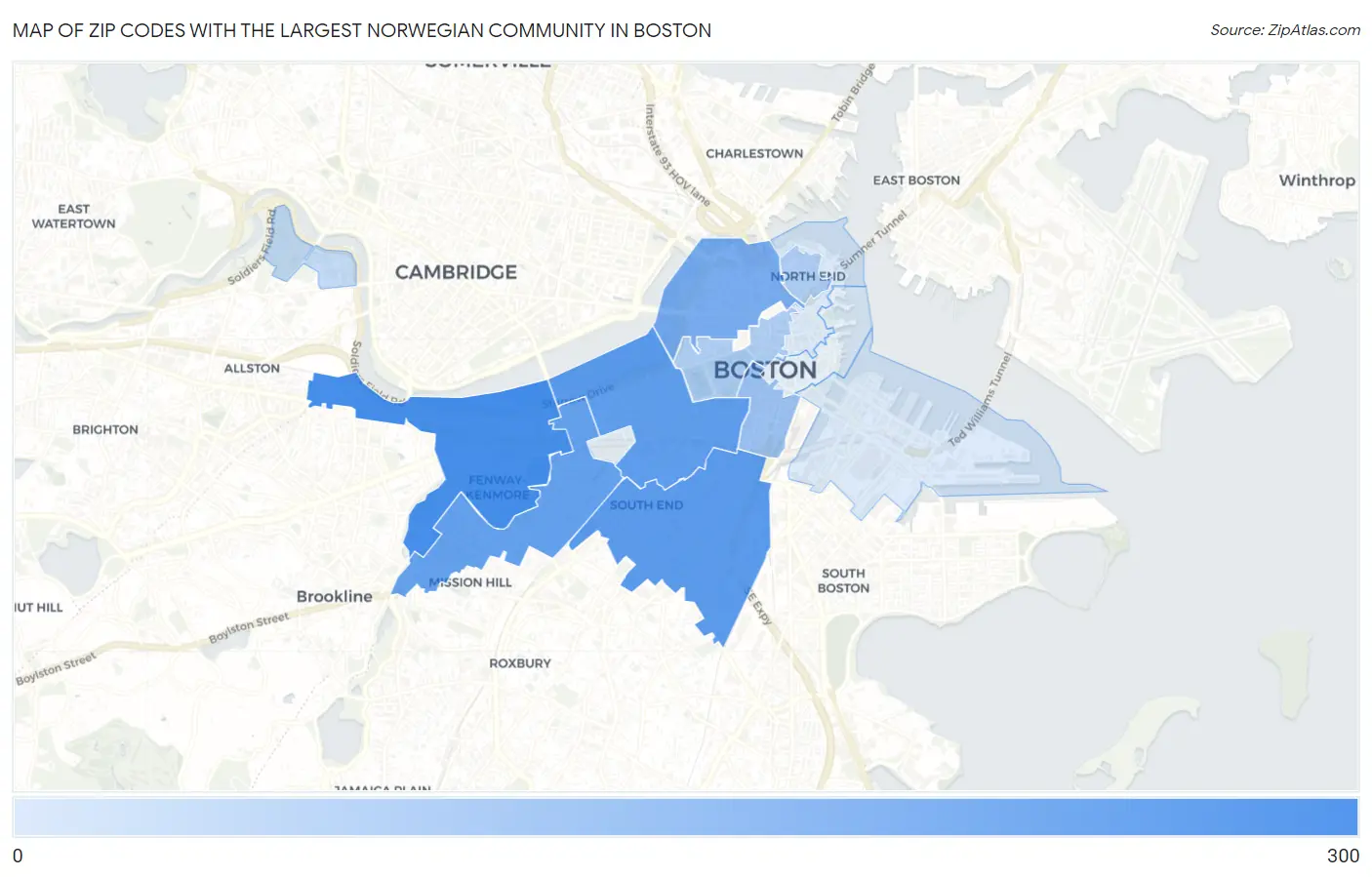 Zip Codes with the Largest Norwegian Community in Boston Map