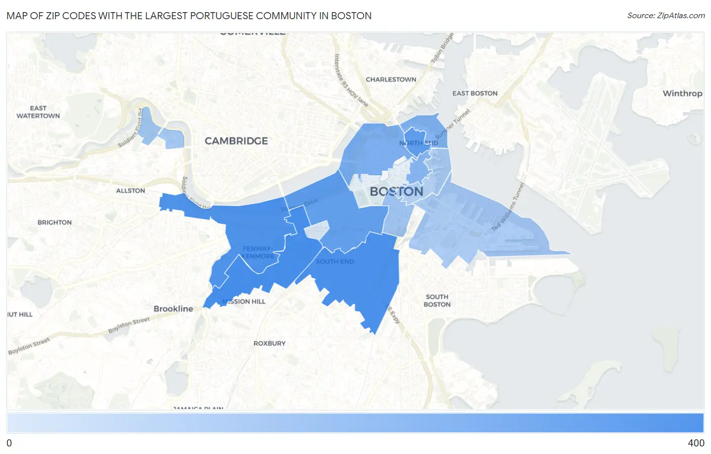 Zip Codes with the Largest Portuguese Community in Boston Map