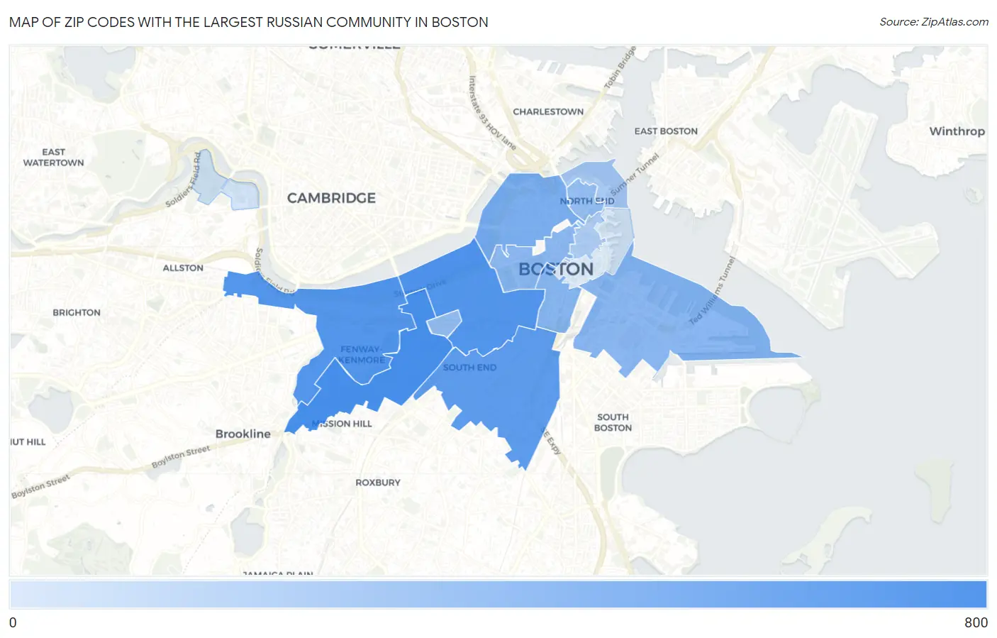 Zip Codes with the Largest Russian Community in Boston Map
