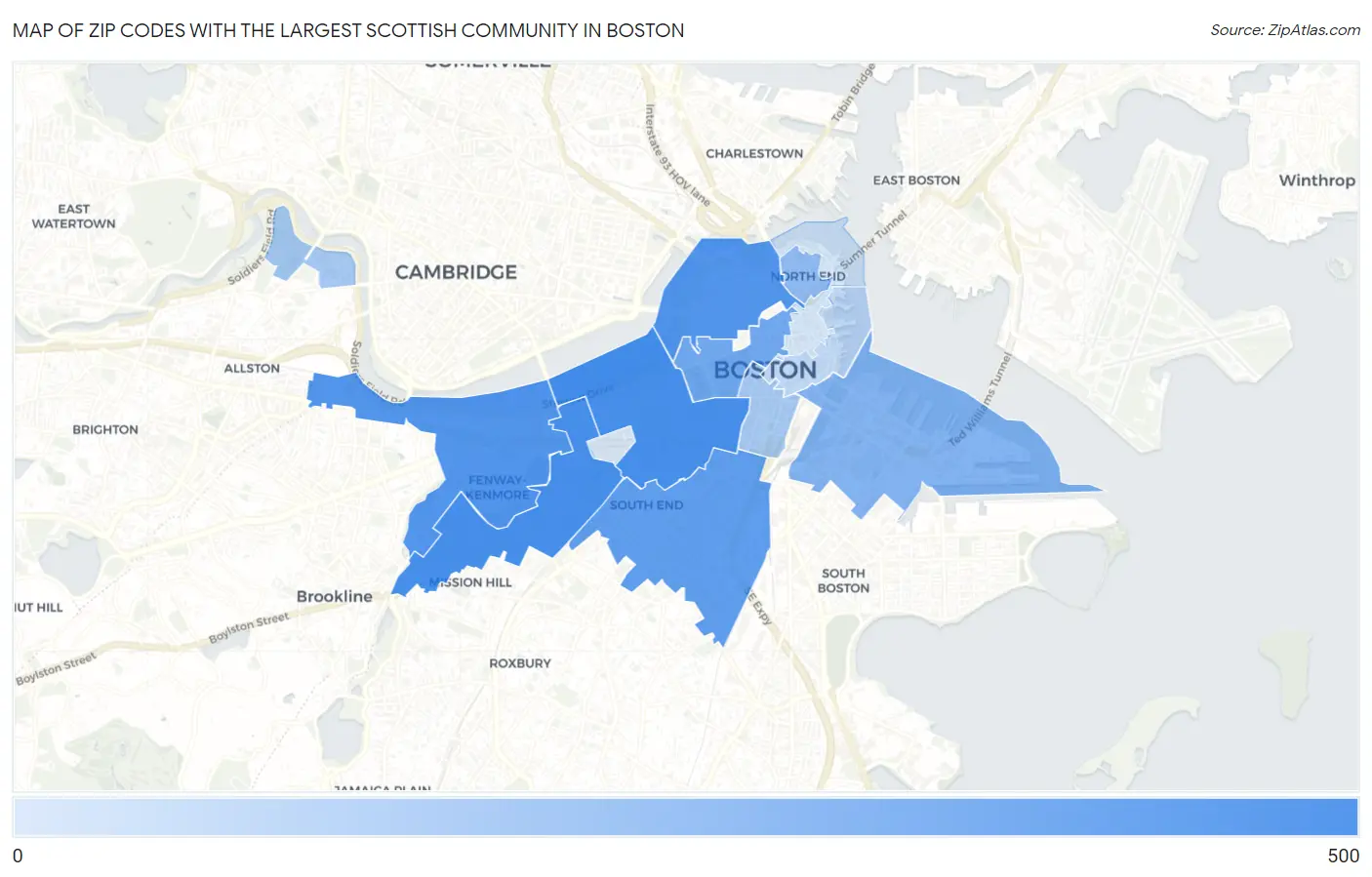 Zip Codes with the Largest Scottish Community in Boston Map