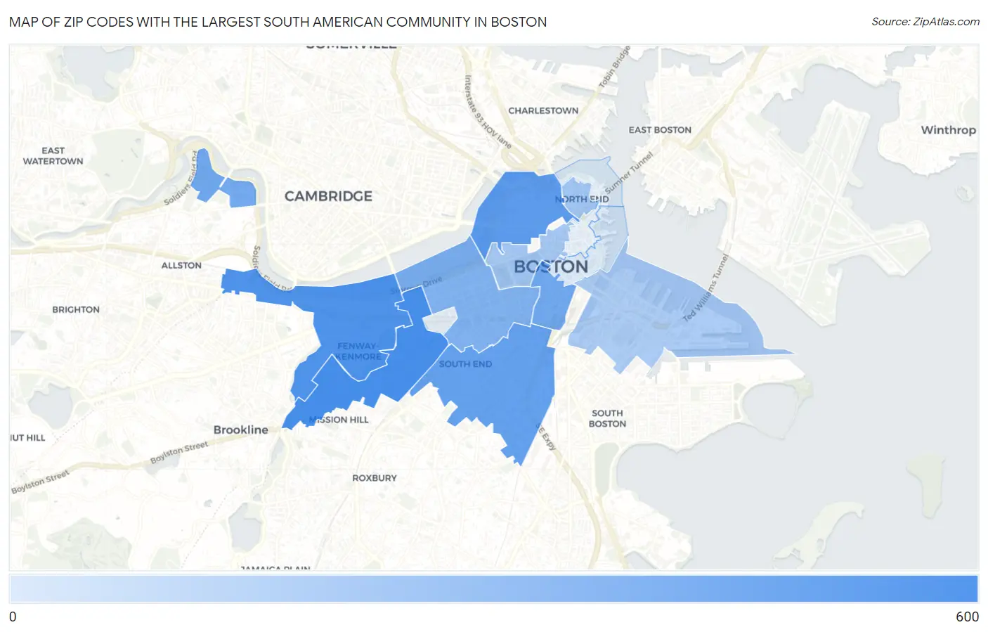Zip Codes with the Largest South American Community in Boston Map