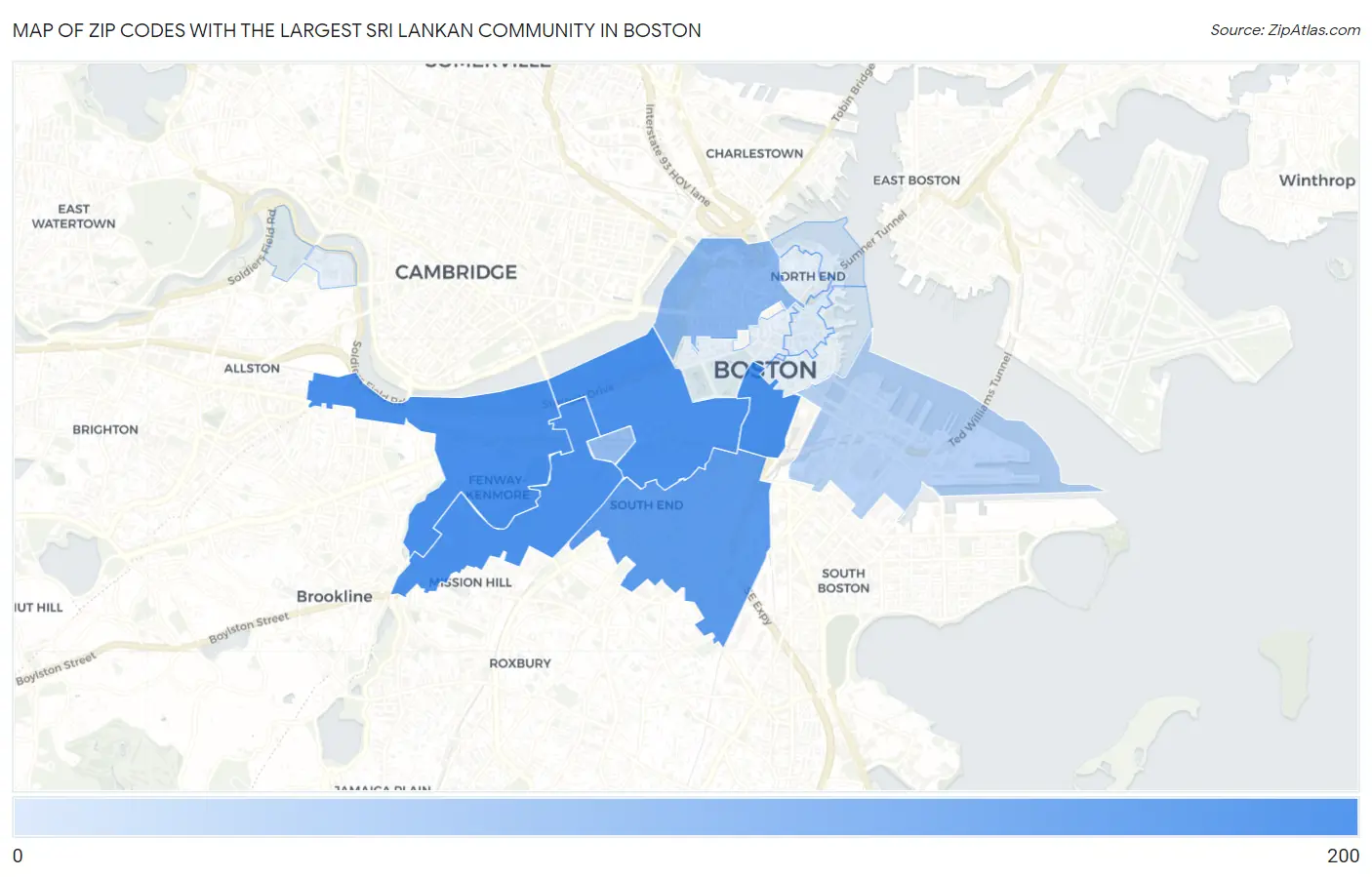 Zip Codes with the Largest Sri Lankan Community in Boston Map
