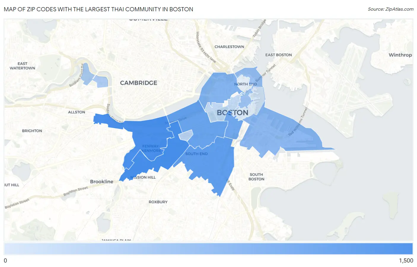 Zip Codes with the Largest Thai Community in Boston Map