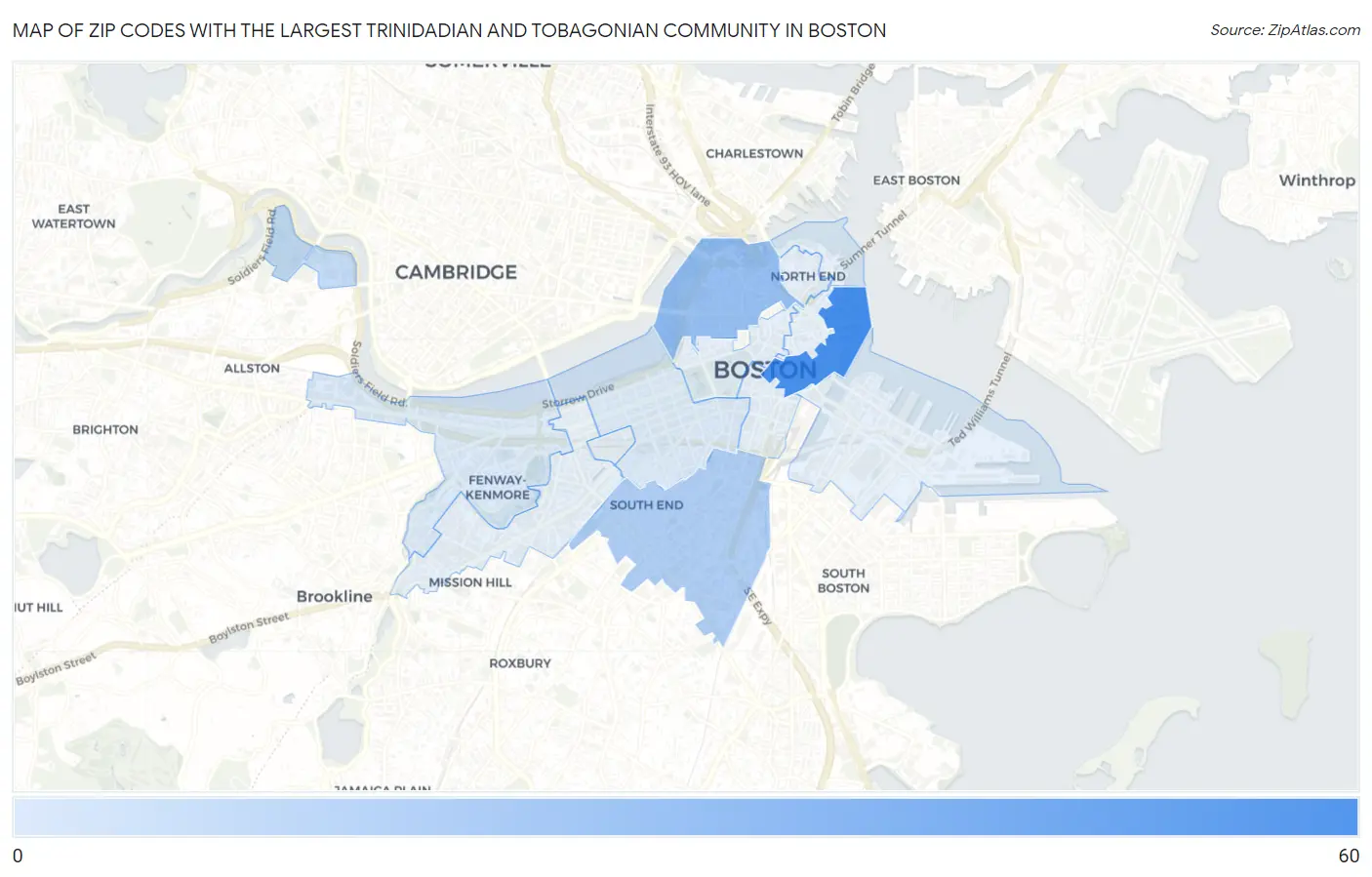 Zip Codes with the Largest Trinidadian and Tobagonian Community in Boston Map