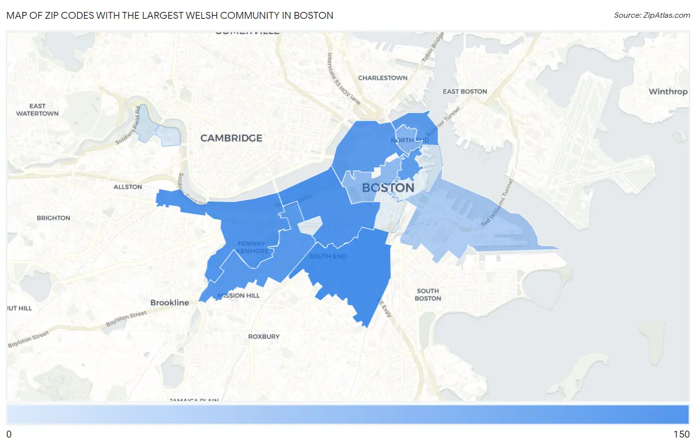 Zip Codes with the Largest Welsh Community in Boston Map