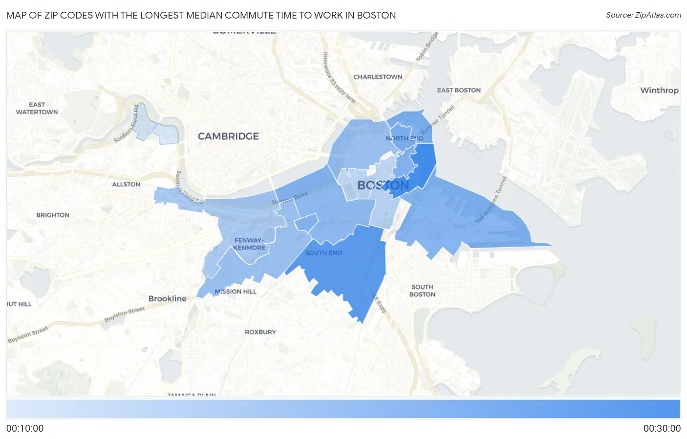 Zip Codes with the Longest Median Commute Time to Work in Boston Map