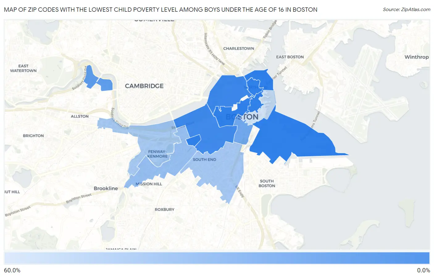 Zip Codes with the Lowest Child Poverty Level Among Boys Under the Age of 16 in Boston Map