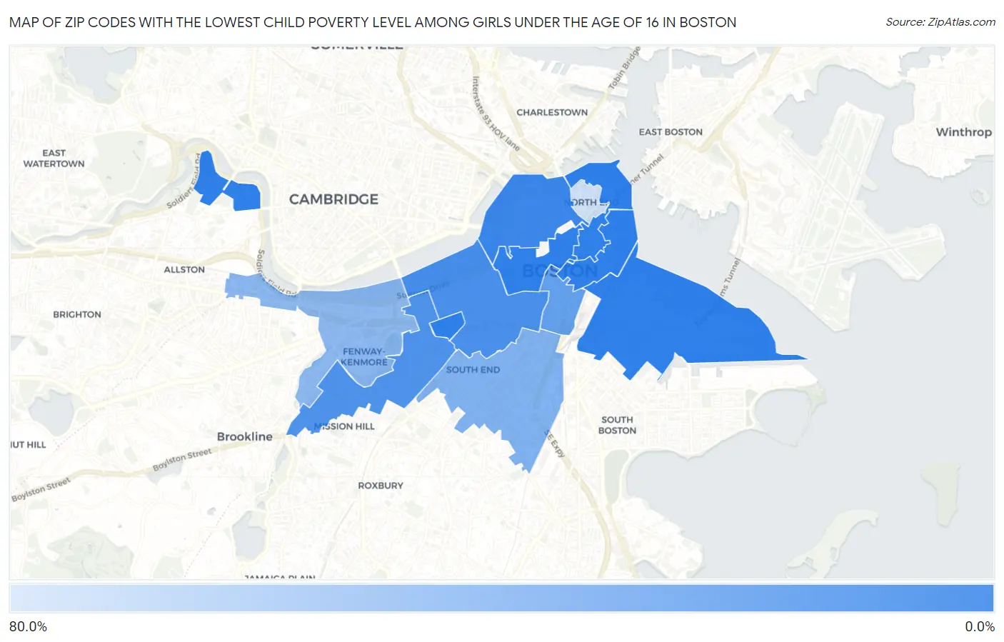 Zip Codes with the Lowest Child Poverty Level Among Girls Under the Age of 16 in Boston Map
