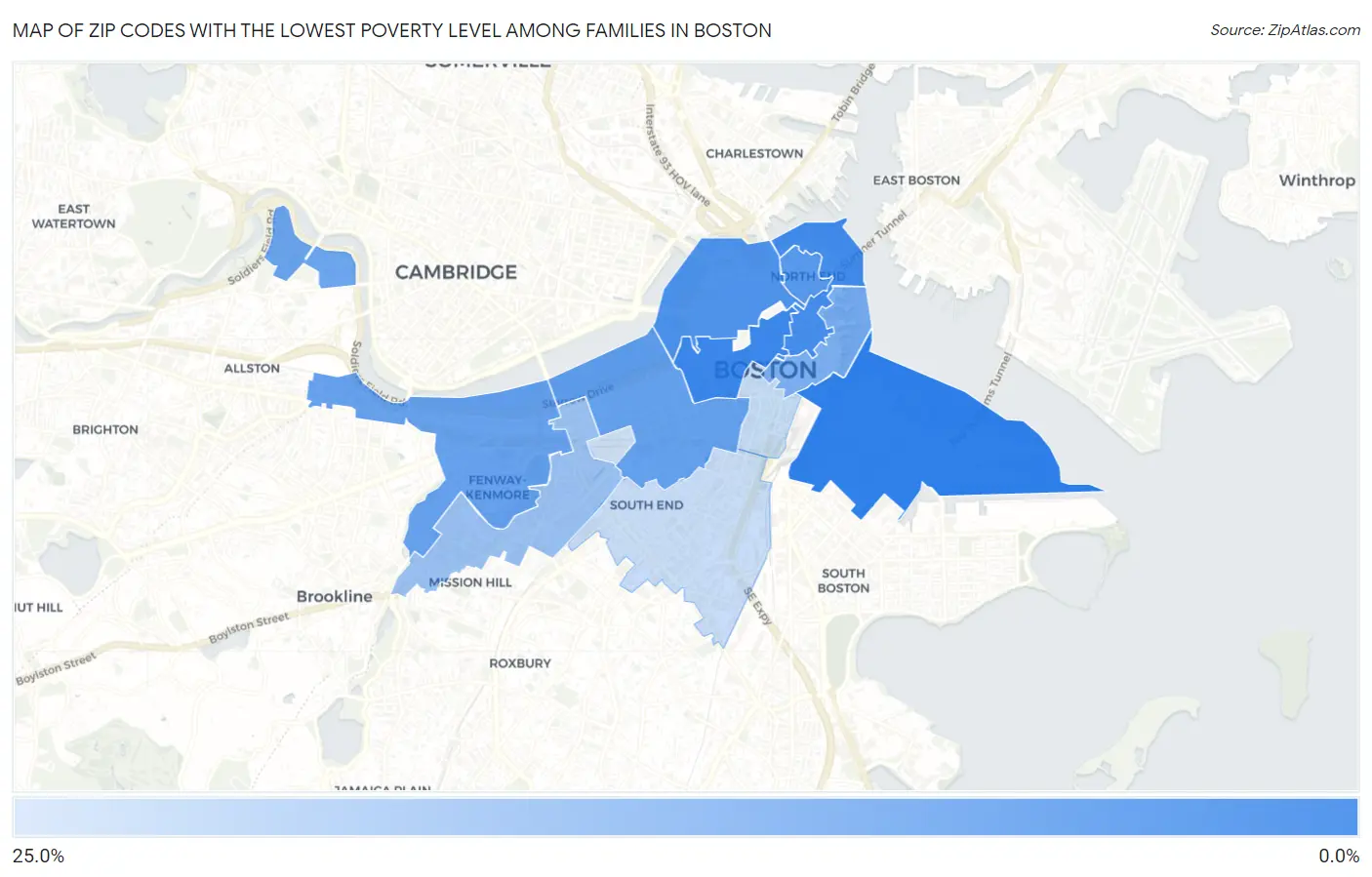 Zip Codes with the Lowest Poverty Level Among Families in Boston Map