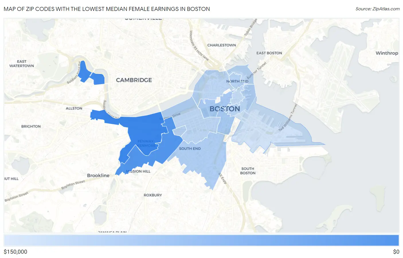 Zip Codes with the Lowest Median Female Earnings in Boston Map