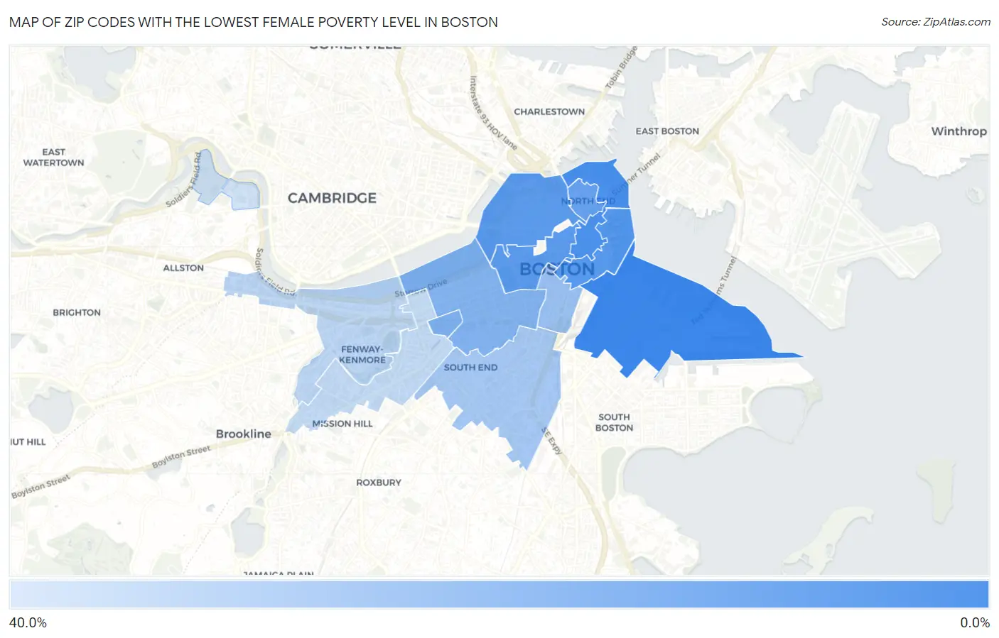 Zip Codes with the Lowest Female Poverty Level in Boston Map