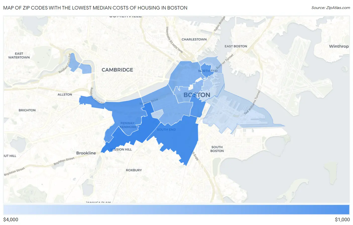 Zip Codes with the Lowest Median Costs of Housing in Boston Map