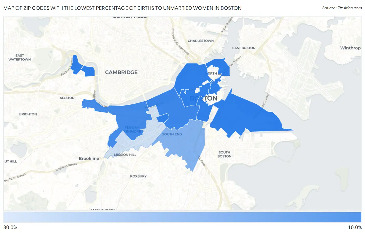 Zip Codes with the Lowest Percentage of Births to Unmarried Women in Boston Map