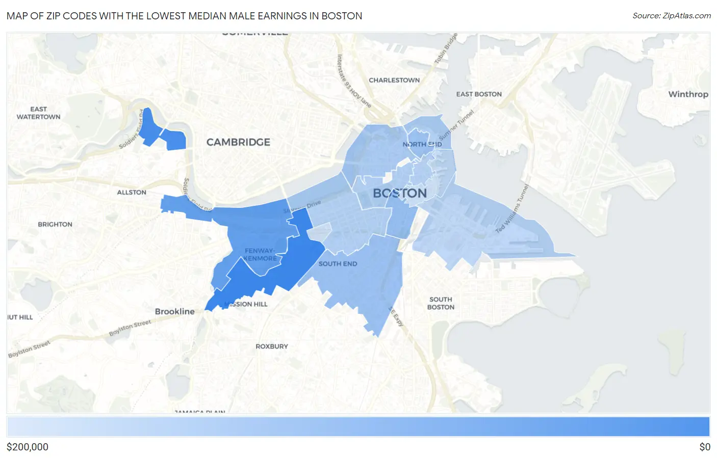 Zip Codes with the Lowest Median Male Earnings in Boston Map