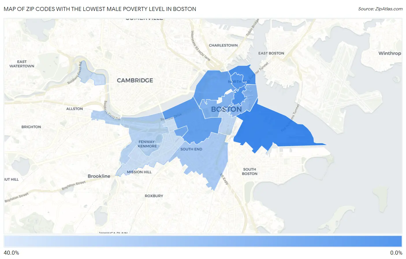 Zip Codes with the Lowest Male Poverty Level in Boston Map
