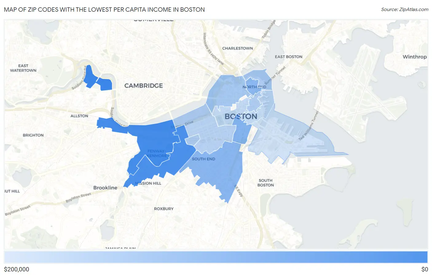 Zip Codes with the Lowest Per Capita Income in Boston Map