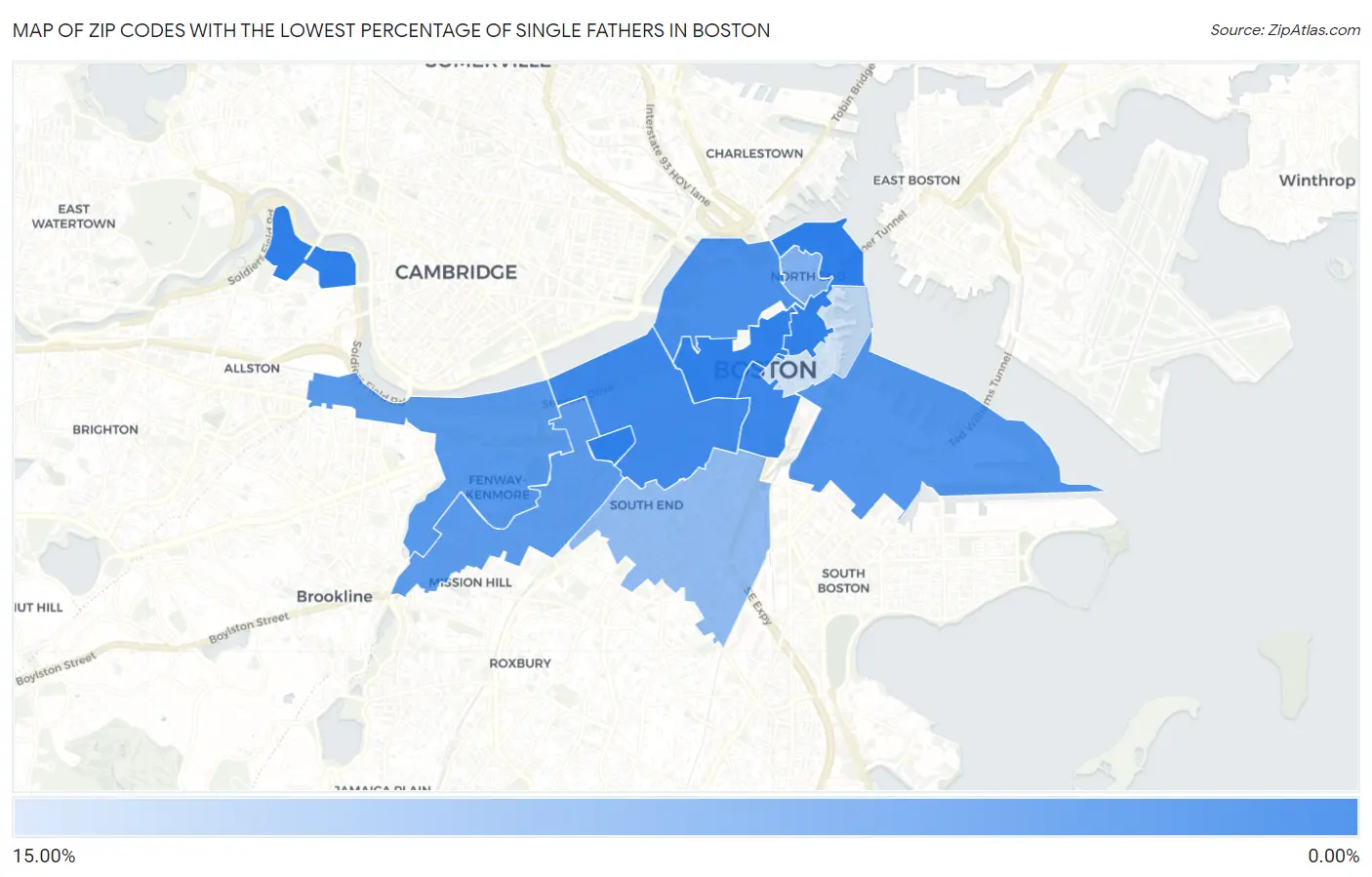 Zip Codes with the Lowest Percentage of Single Fathers in Boston Map