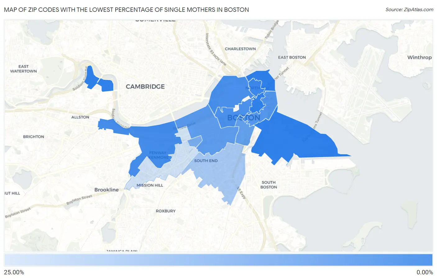 Zip Codes with the Lowest Percentage of Single Mothers in Boston Map
