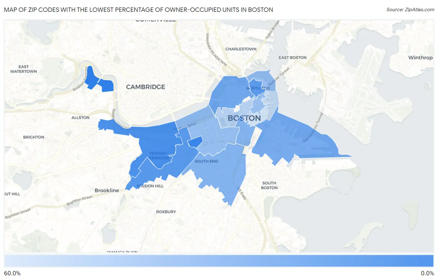 Zip Codes with the Lowest Percentage of Owner-Occupied Units in Boston Map