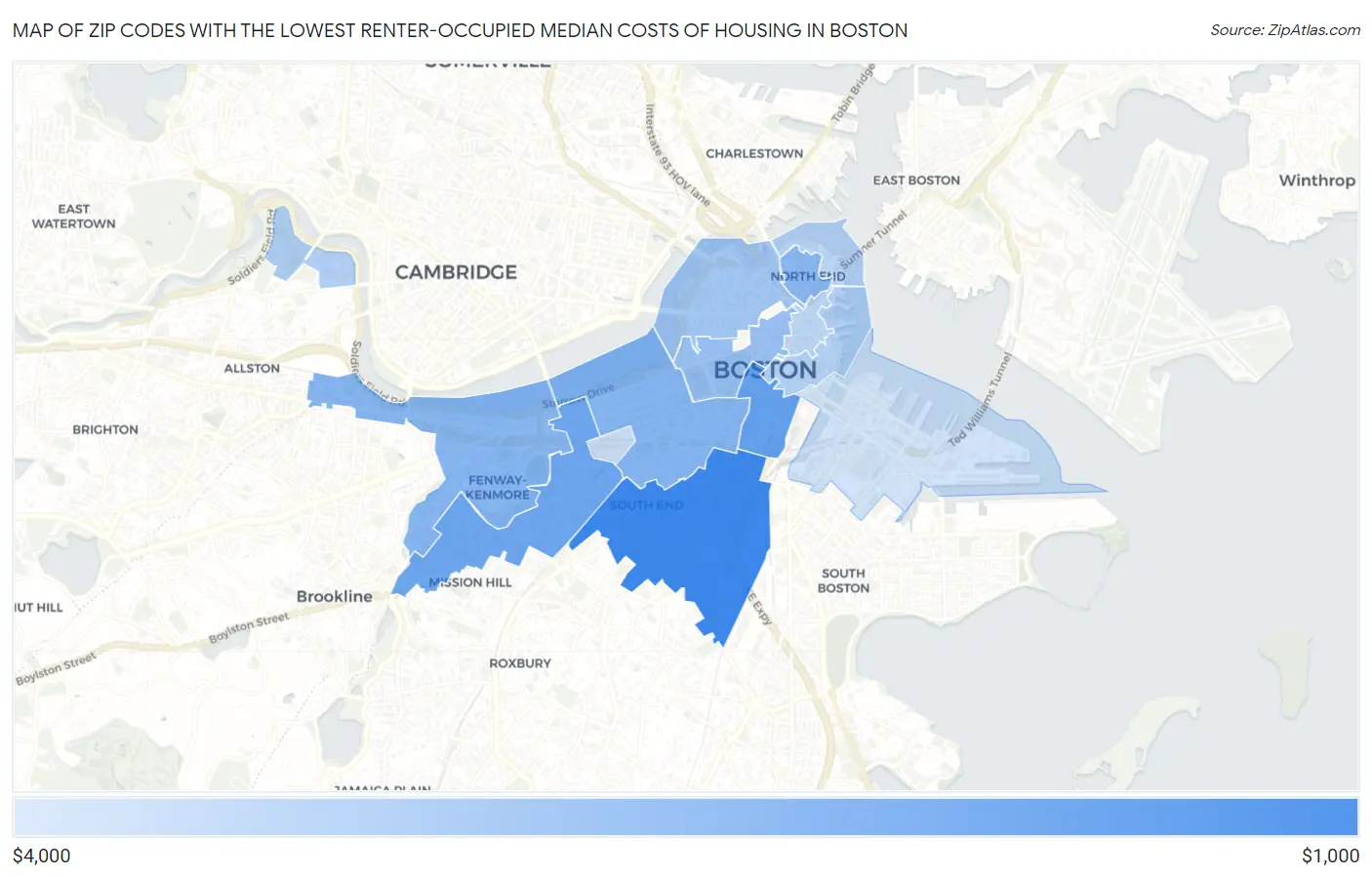 Zip Codes with the Lowest Renter-Occupied Median Costs of Housing in Boston Map